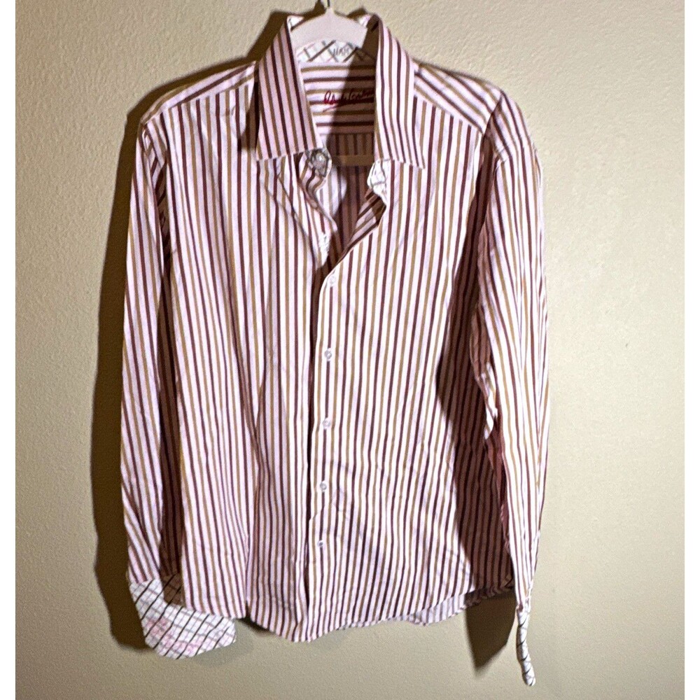 Robert Graham Men’s Classic Fit Striped Dress Shirt 16.5 34/35 White/Tan
